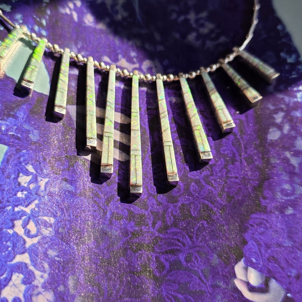 🆕️Chic STERLING Silver BAR Necklace with OPAL Inlay Details - Picture 11 of 14